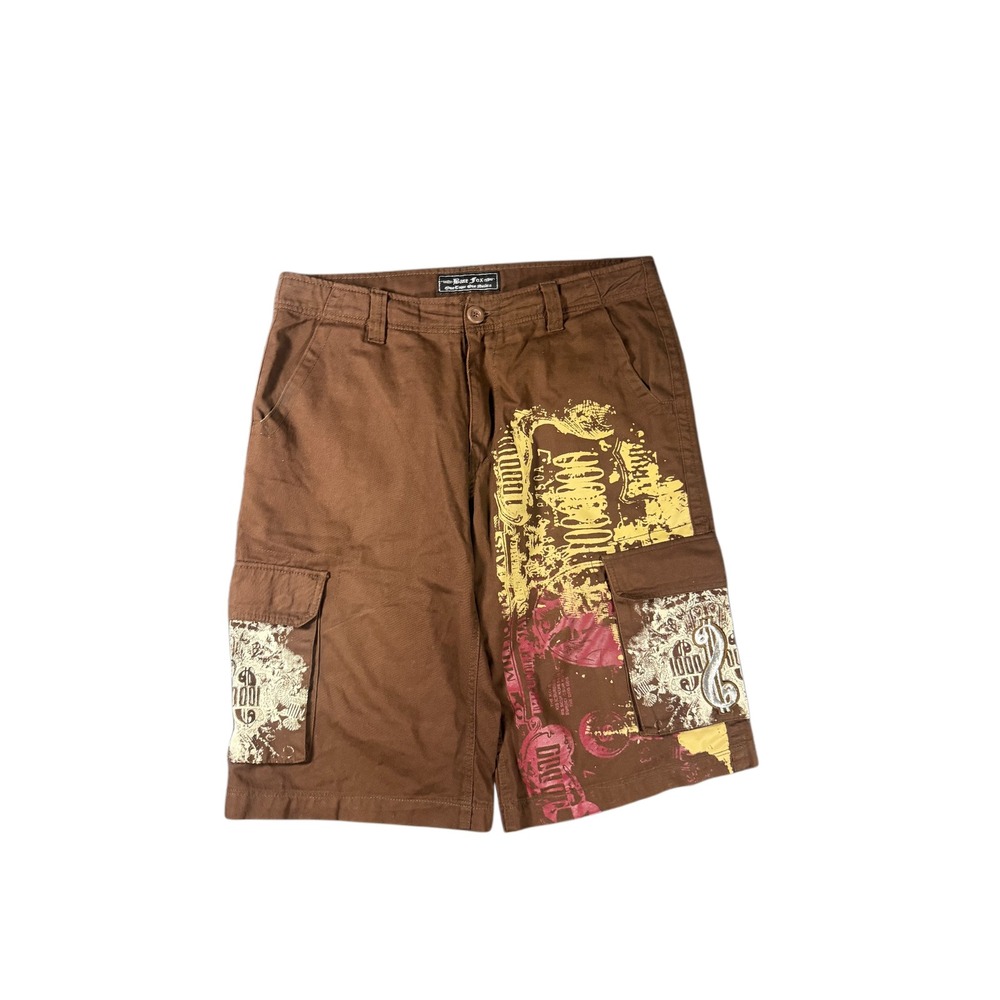 Bare Fox Mens Y2K Baggy Cargo Shorts Brown Graphic Print Streetwear Size 34